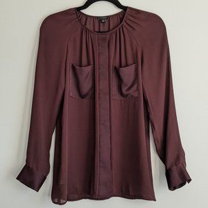 Ann Taylor Brown Pocket Satin Cuff Blouse